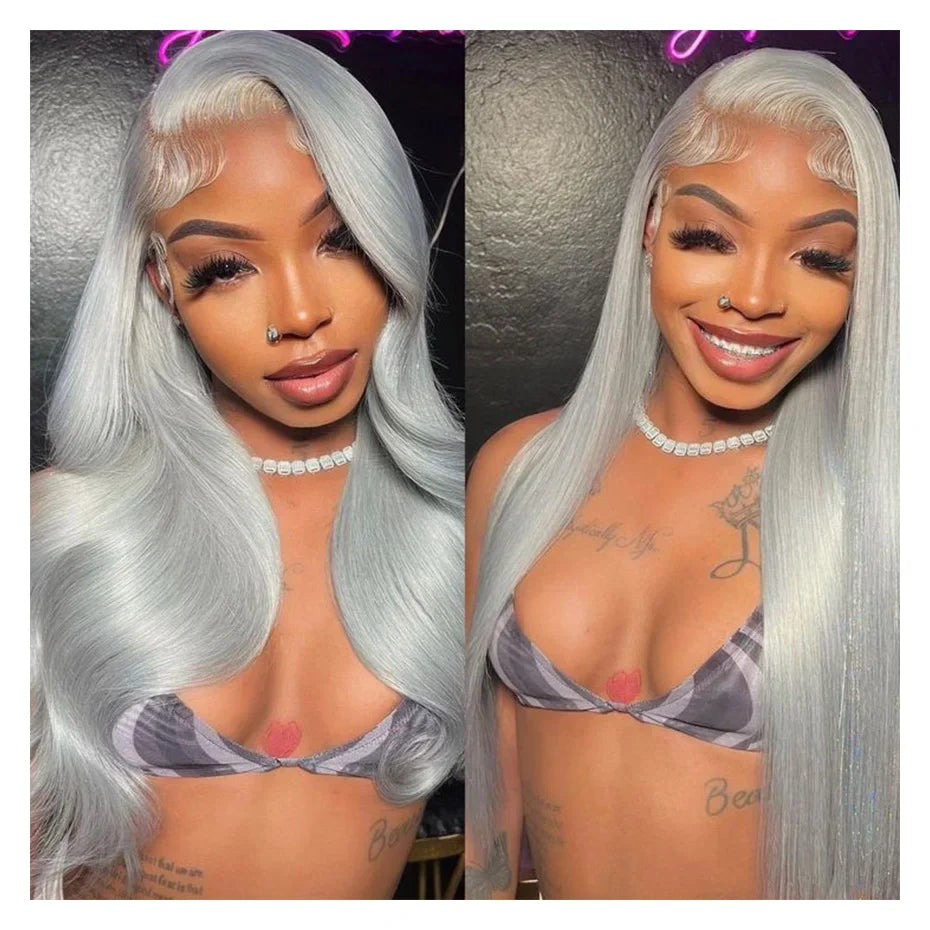 250% Silver Grey Straight Wig – 13x6 HD Lace Front, Brazilian Human Hair 30–40 Inch, 13x4 Lace Frontal
