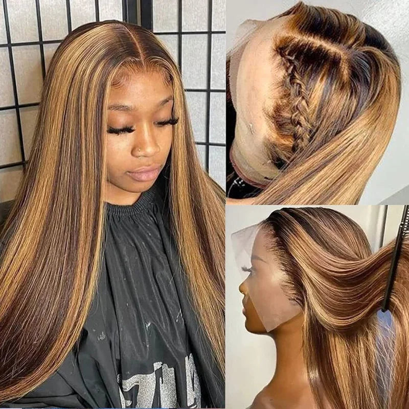 34" Bone Straight Highlight Wig – 13x4/13x6 Lace Front, Ombre Honey Blonde Human Hair