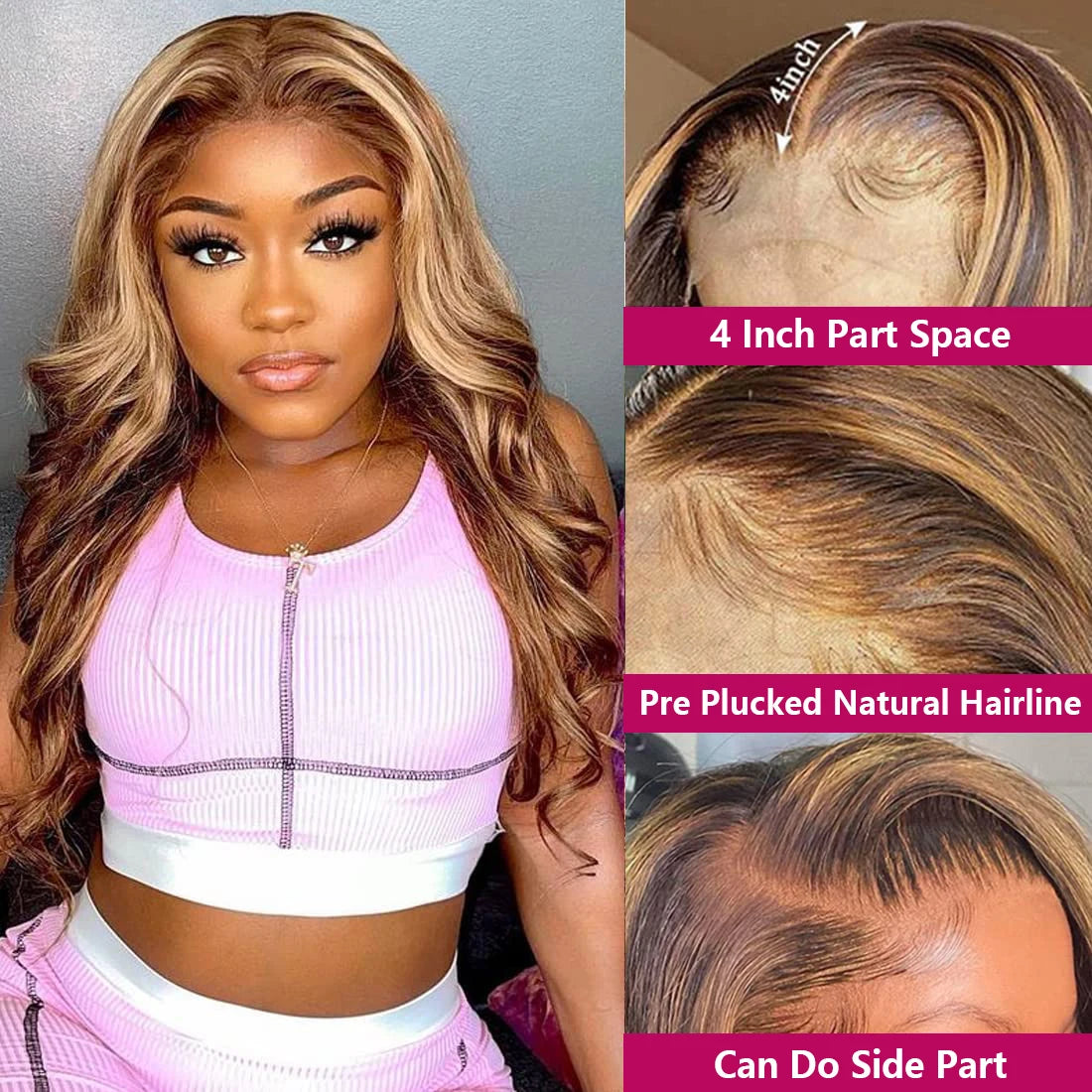 13x6 Highlight Lace Frontal Wig – Ombre Honey Blonde Body Wave, Pre-Plucked Human Hair