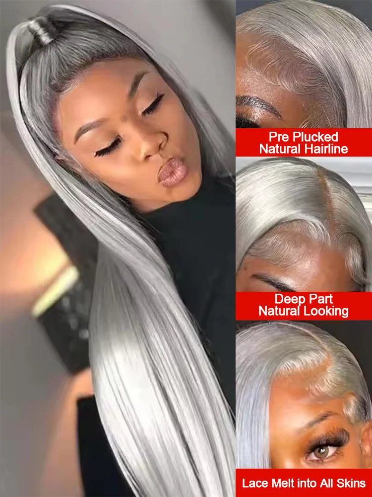 250% Silver Grey Straight Wig – 13x6 HD Lace Front, Brazilian Human Hair 30–40 Inch, 13x4 Lace Frontal