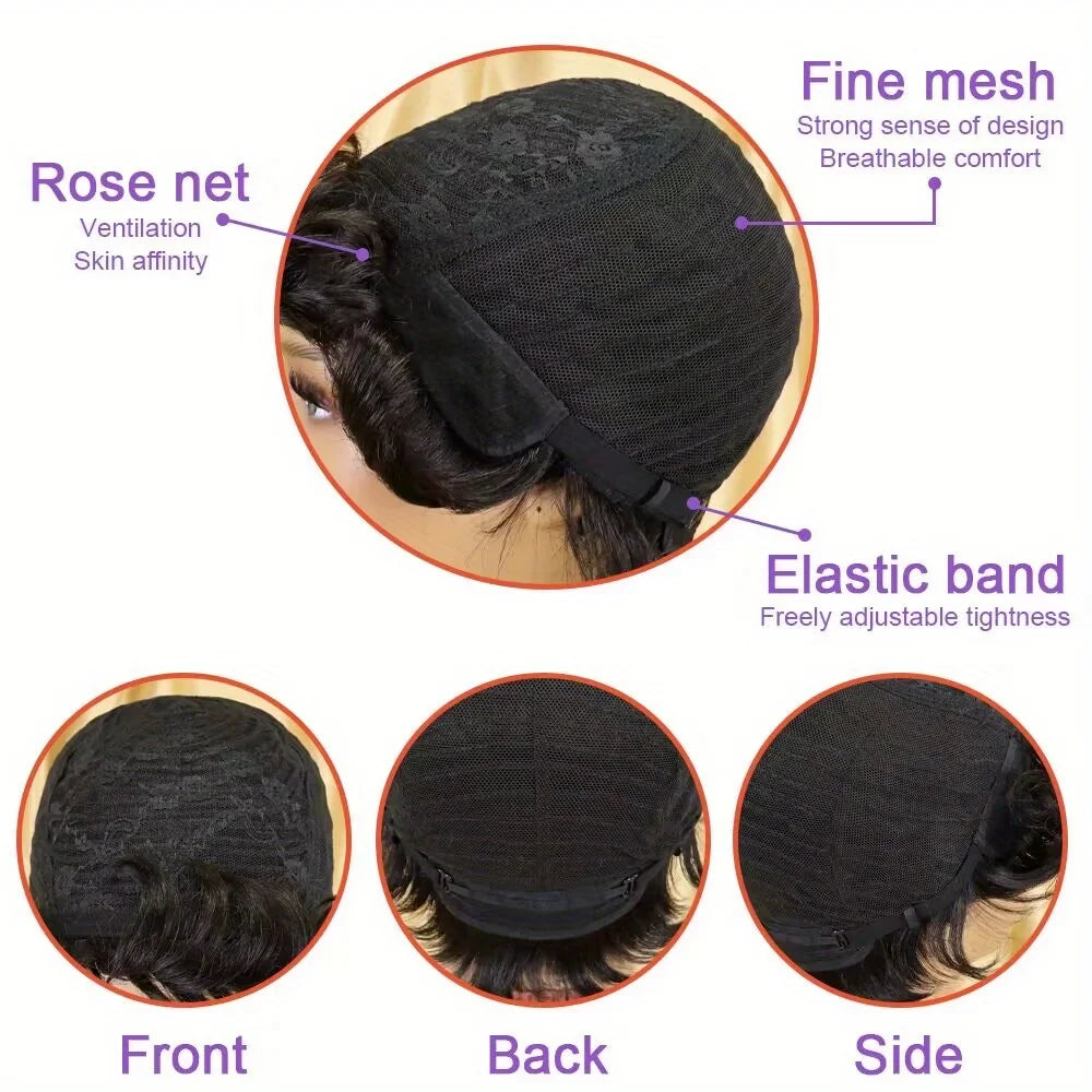 6" Short Pixie Cut Straight Wig – 100% Human Hair, Machine Made with Pre-Styled Bangs & Natural Hairline
