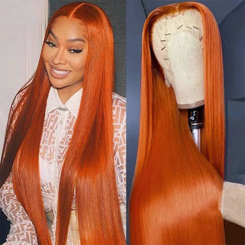 30" Orange Ginger Straight Lace Front Wig – 13x6 HD Transparent, 350 Brazilian Human Hai