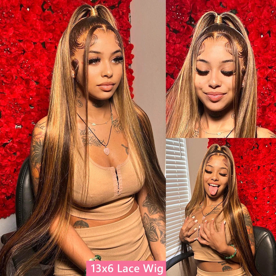 Straight Highlight Wig – 13x6 HD Lace Front, Ombre Honey Blonde Human Hair