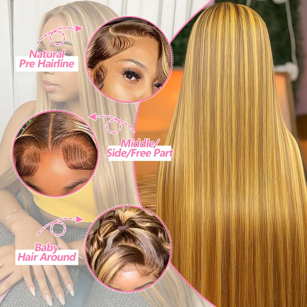P4/27 Highlight Bone Straight Wig – 13x4 HD Lace Frontal, Brazilian Ombre Honey Blonde