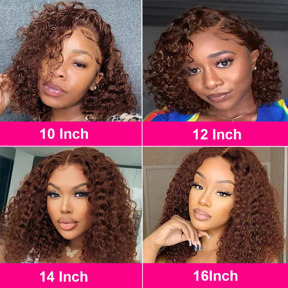 Brown Kinky Curly Short Bob Wig – 13x4 Pre-Plucked Brazilian Water Deep Wave, #4 Color