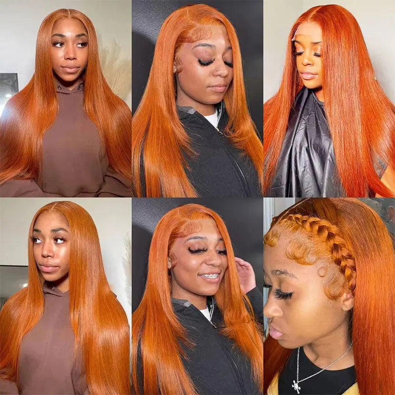 30" Orange Ginger Straight Lace Front Wig – 13x6 HD Transparent, 350 Brazilian Human Hai
