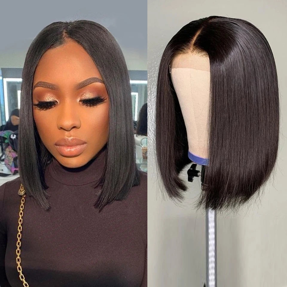 16" Bob Wig – 220% Density Straight 13x4 Lace Front, Pre-Plucked Brazilian Remy Human Hair