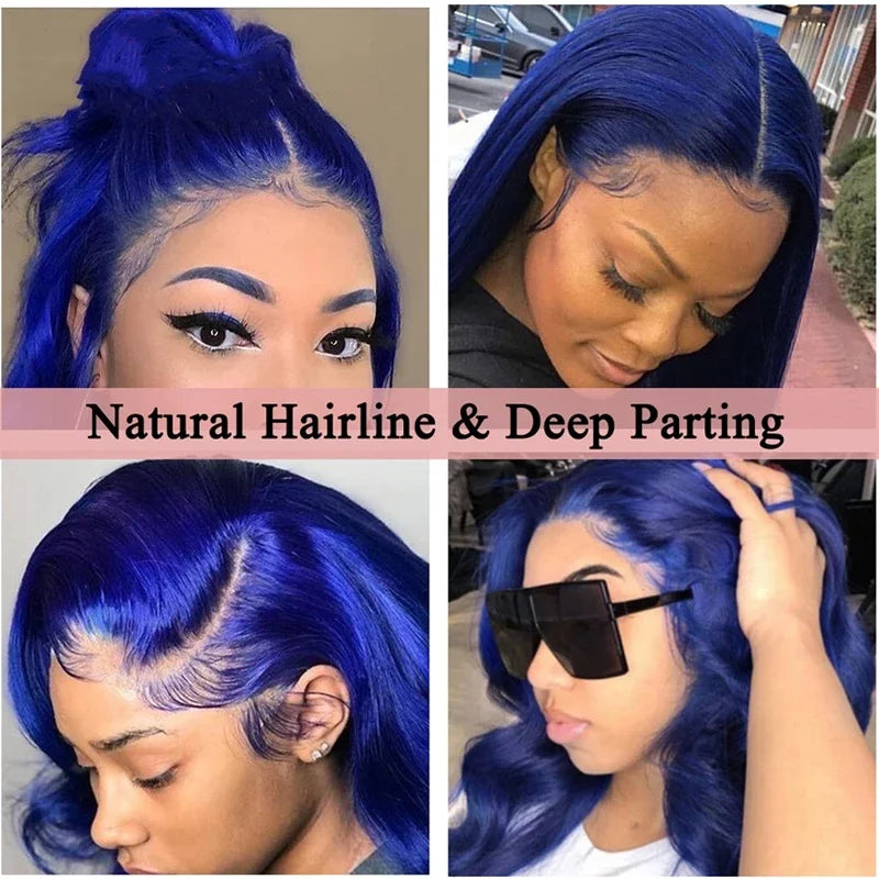 Navy Blue Body Wave Wig – 13x4 Transparent Lace Front, Brazilian Colored, Pre-Plucked Human Hair