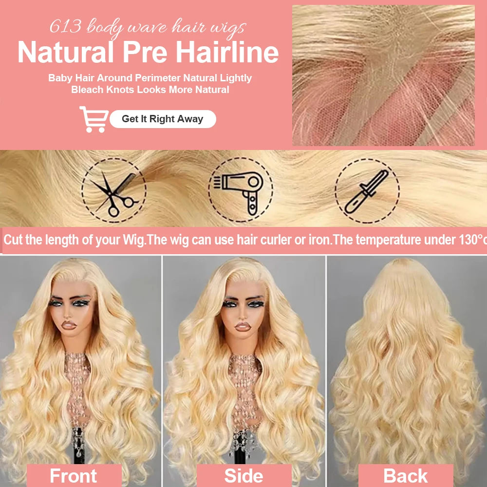 36–40" 613 Honey Blonde Body Wave Wig – 250% Density, 13x6/13x4 HD Lace Front Human Hair