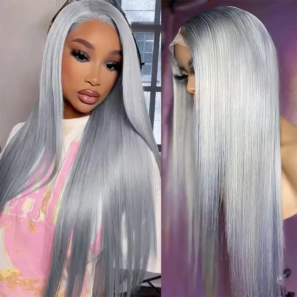 250% Silver Grey Straight Wig – 13x6 HD Lace Front, Brazilian Human Hair 30–40 Inch, 13x4 Lace Frontal