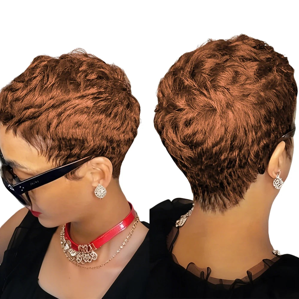 6" Short Pixie Cut Straight Wig – 100% Human Hair, Machine Made with Pre-Styled Bangs & Natural Hairline