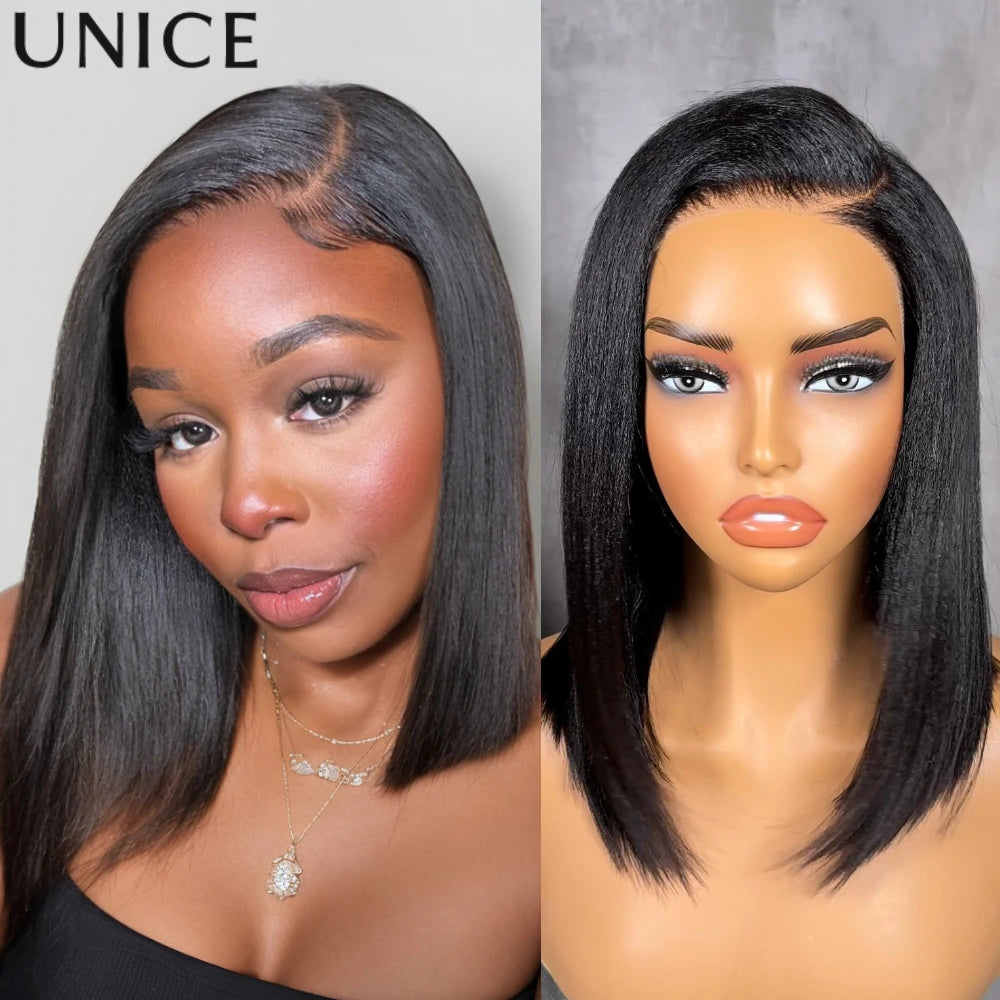 Unice Yaki Straight Bob Wig – 7x5 Drawstring Cap, Pre-Cut, Pre-Bleached, Glueless Human Hair