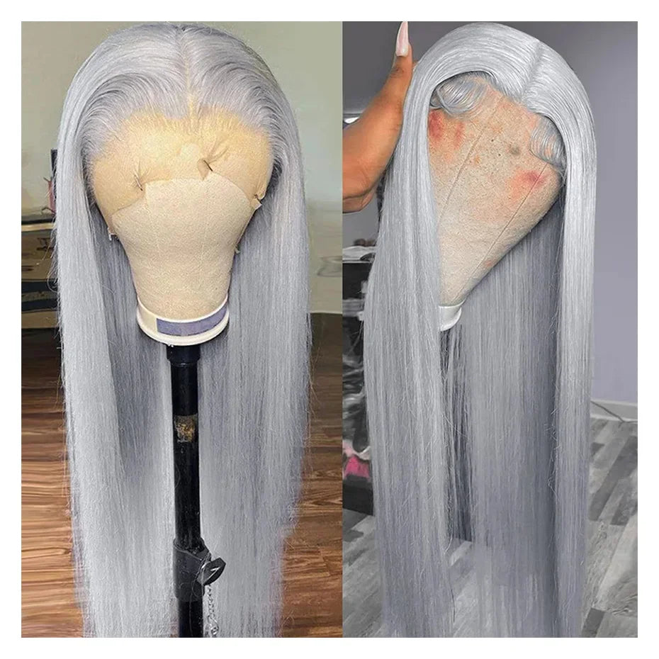 250% Silver Grey Straight Wig – 13x6 HD Lace Front, Brazilian Human Hair 30–40 Inch, 13x4 Lace Frontal