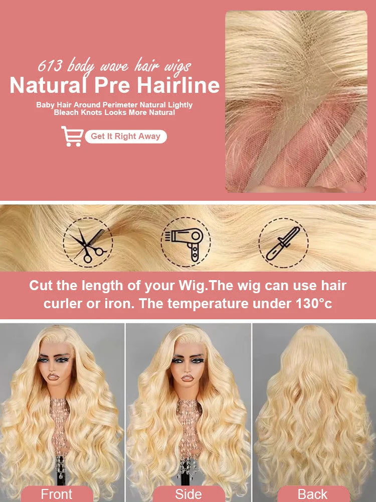 36–40" 613 Honey Blonde Body Wave Wig – 250% Density, 13x6/13x4 HD Lace Front Human Hair