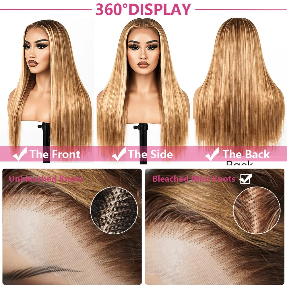 P4/27 Highlight Bone Straight Wig – 13x4 HD Lace Frontal, Brazilian Ombre Honey Blonde