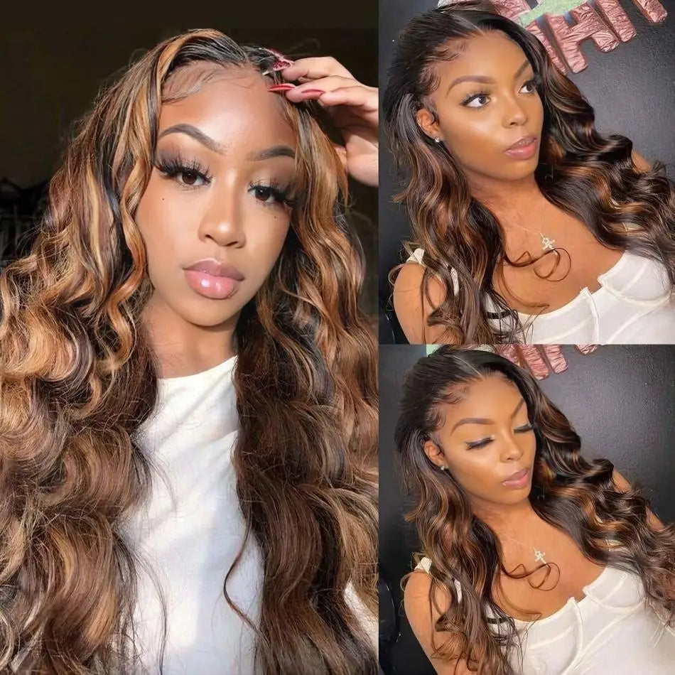 Body Wave Highlight Ombre Wig – 13x4/13x6 Lace Front, 1B/30 Black Brown Brazilian Human Hair