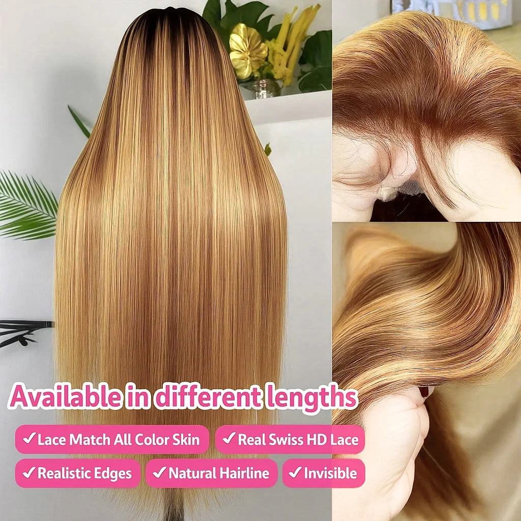 P4/27 Highlight Bone Straight Wig – 13x4 HD Lace Frontal, Brazilian Ombre Honey Blonde