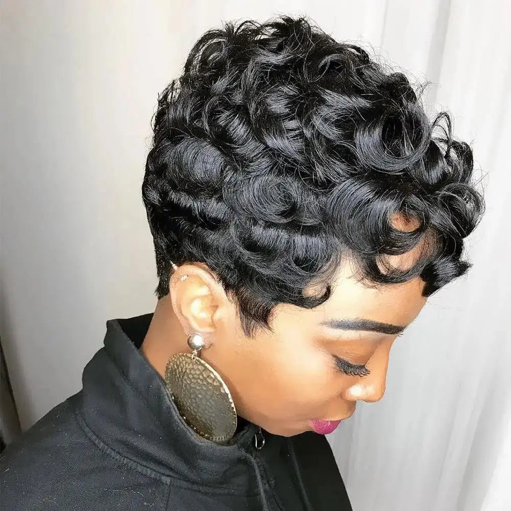 Short Black Pixie Wigs – Curly & Wavy Synthetic Hair for Black Women