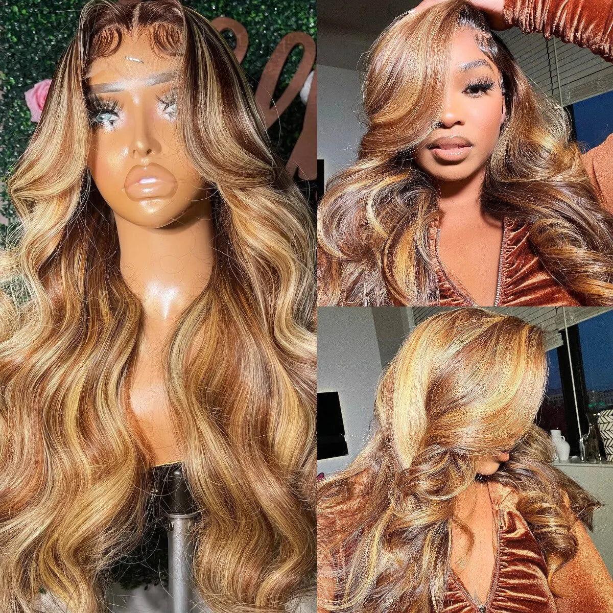 13x6 Highlight Lace Frontal Wig – Ombre Honey Blonde Body Wave, Pre-Plucked Human Hair