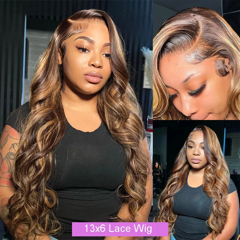 13x6 HD Transparent Body Wave Lace Front Wig – Colored Highlight 4/27 Blonde, Pre-Plucked Brazilian Human Hair