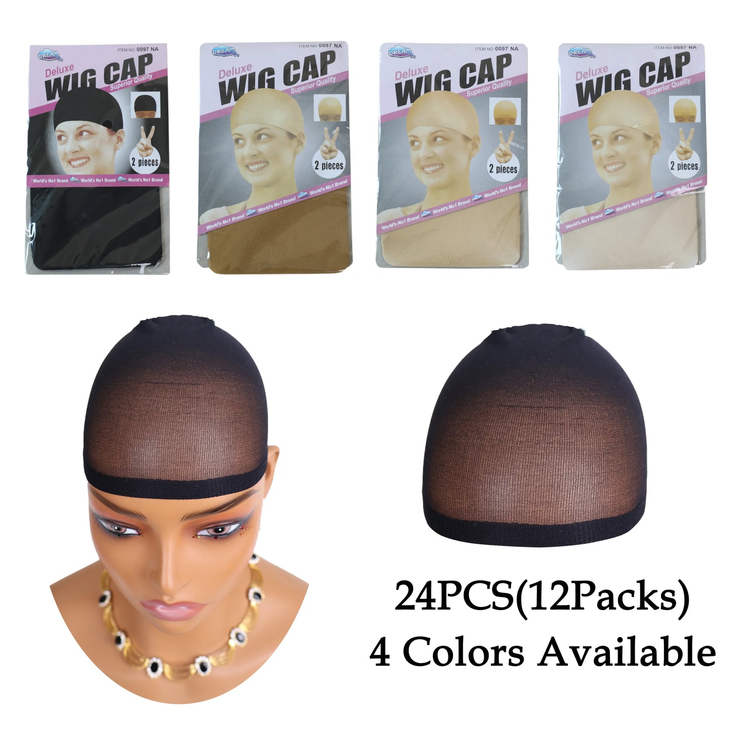 24 Pieces (12 Packs) Wig Caps – Fashion stretchable hair nets, 2 pieces per pack.
