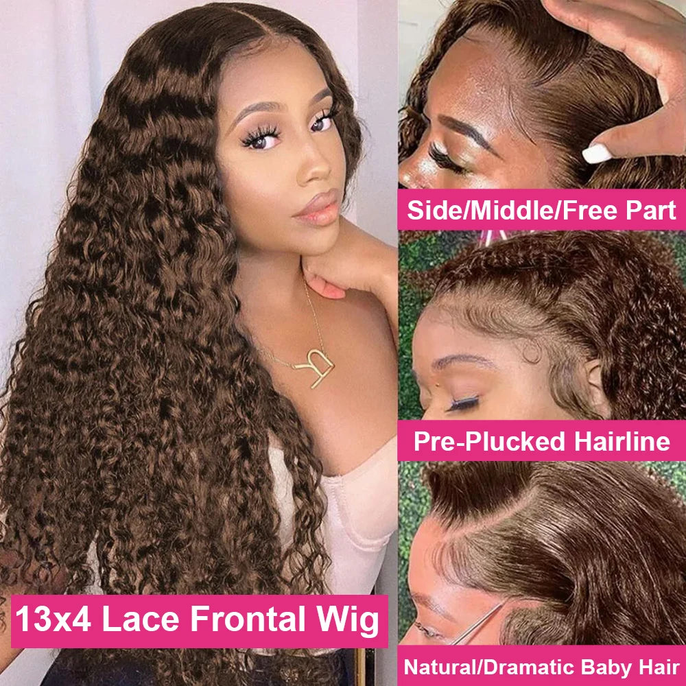 30–36" Chocolate Brown Deep Curly Wig – 13x4/13x6 HD Lace Frontal, Colored Water Wave Human Hair