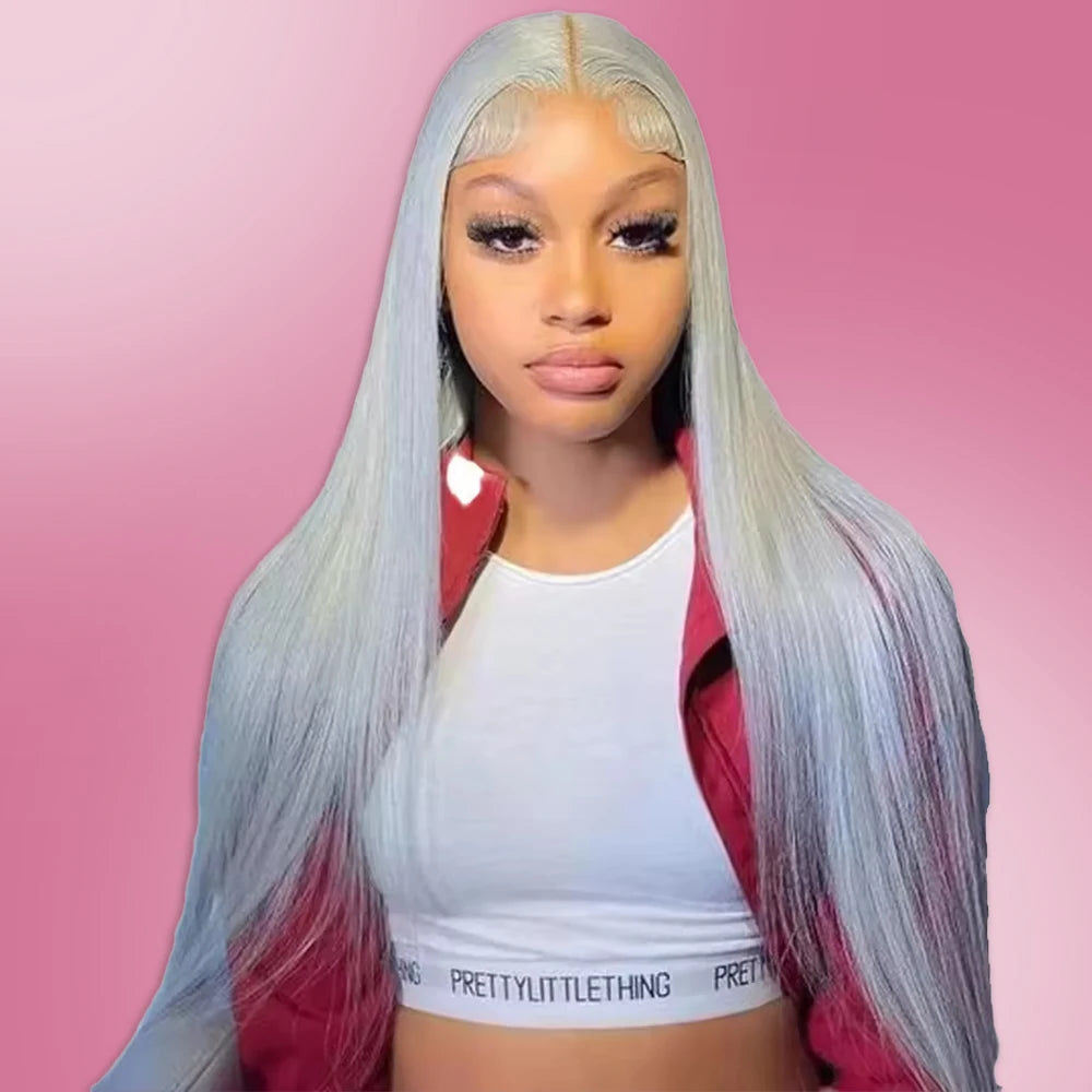 250% Silver Grey Straight Wig – 13x6 HD Lace Front, Brazilian Human Hair 30–40 Inch, 13x4 Lace Frontal