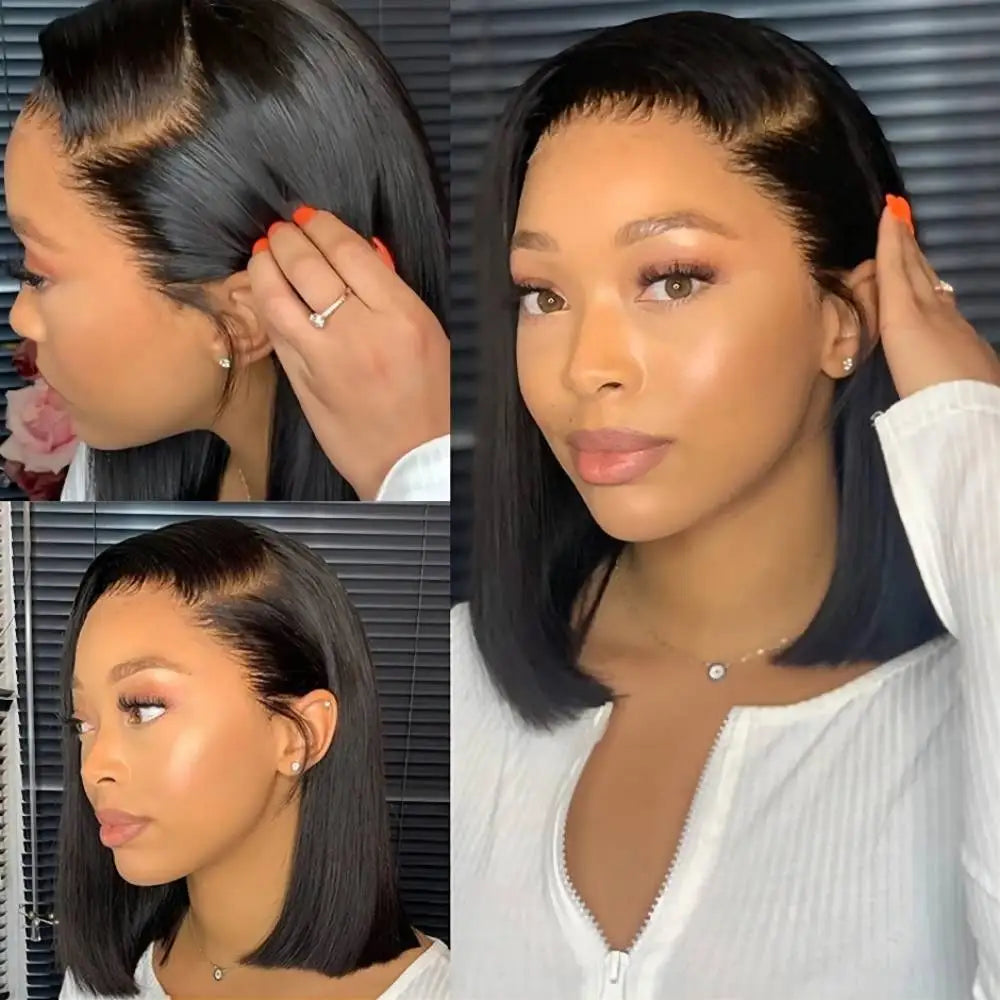 16" Bob Wig – 220% Density Straight 13x4 Lace Front, Pre-Plucked Brazilian Remy Human Hair