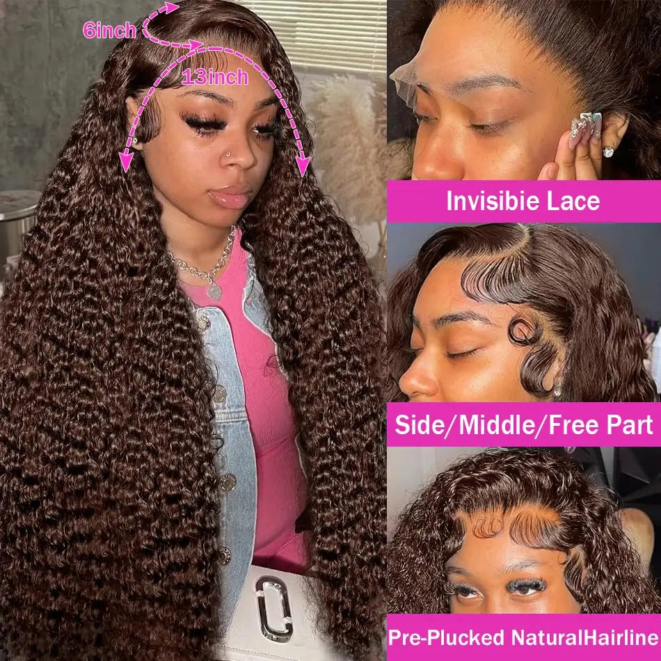 13x4 Chocolate Brown Curly Lace Front Wig – Pre-Plucked Deep Wave, 13x6 HD Lace Brazilian Human Hair