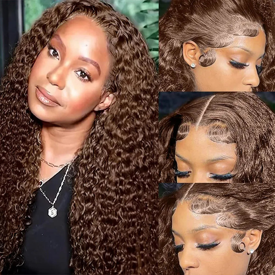 30–36" Chocolate Brown Deep Curly Wig – 13x4/13x6 HD Lace Frontal, Colored Water Wave Human Hair