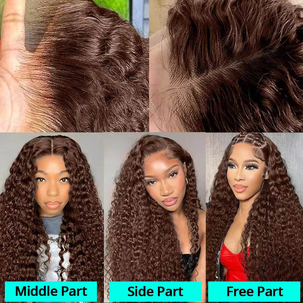 Chocolate Brown Deep Wave Wig – 13x6/13x4 HD Lace Front, Pre-Plucked Curly Human Hair