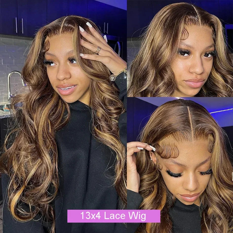 13x6 HD Transparent Body Wave Lace Front Wig – Colored Highlight 4/27 Blonde, Pre-Plucked Brazilian Human Hair