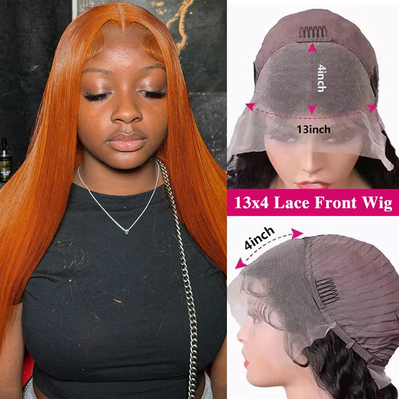 30" Orange Ginger Straight Lace Front Wig – 13x6 HD Transparent, 350 Brazilian Human Hai