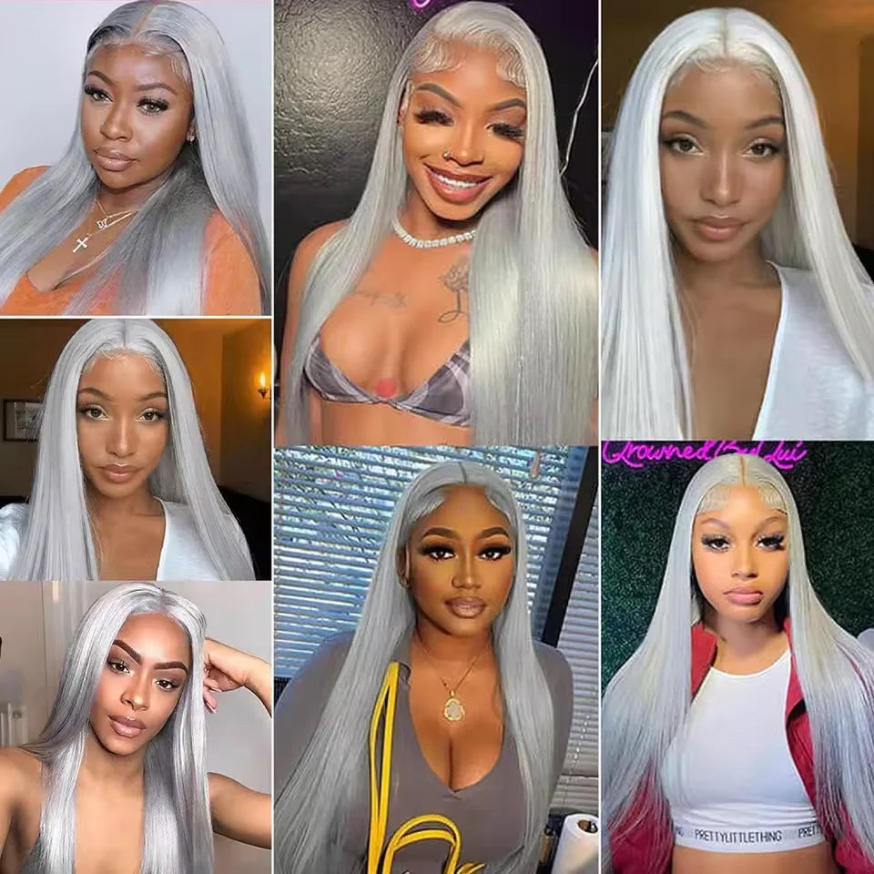 250% Silver Grey Straight Wig – 13x6 HD Lace Front, Brazilian Human Hair 30–40 Inch, 13x4 Lace Frontal