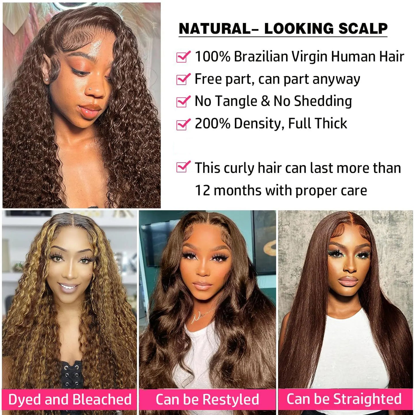 Chocolate Brown Deep Wave Wig – 13x6/13x4 HD Lace Front, Pre-Plucked Curly Human Hair