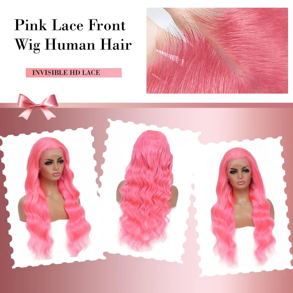 30–32" Pink Body Wave Wig – 13x6/13x4 HD Lace Front, 250% Density Brazilian Human Hair