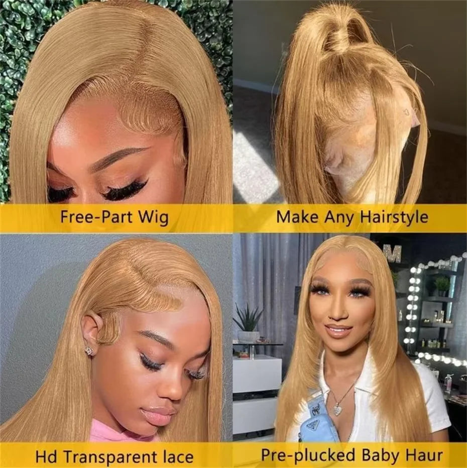 Neddie Honey Blonde #27 HD Transparent Lace Front Wig – 13x6/13x4 Straight Brazilian Human Hair, Pre-Plucked