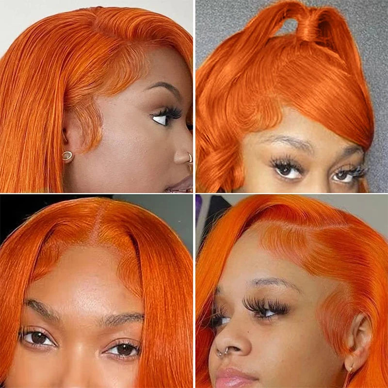 34" Orange Ginger Lace Front Wig – Straight Human Hair, Pre-Plucked, 13x4/13x6