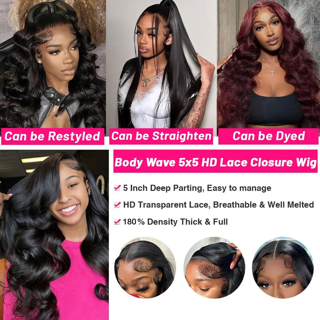 30" Body Wave Glueless Wig – 4x4/5x5 HD Lace Closure, Pre-Cut, Pre-Plucked Human Hair