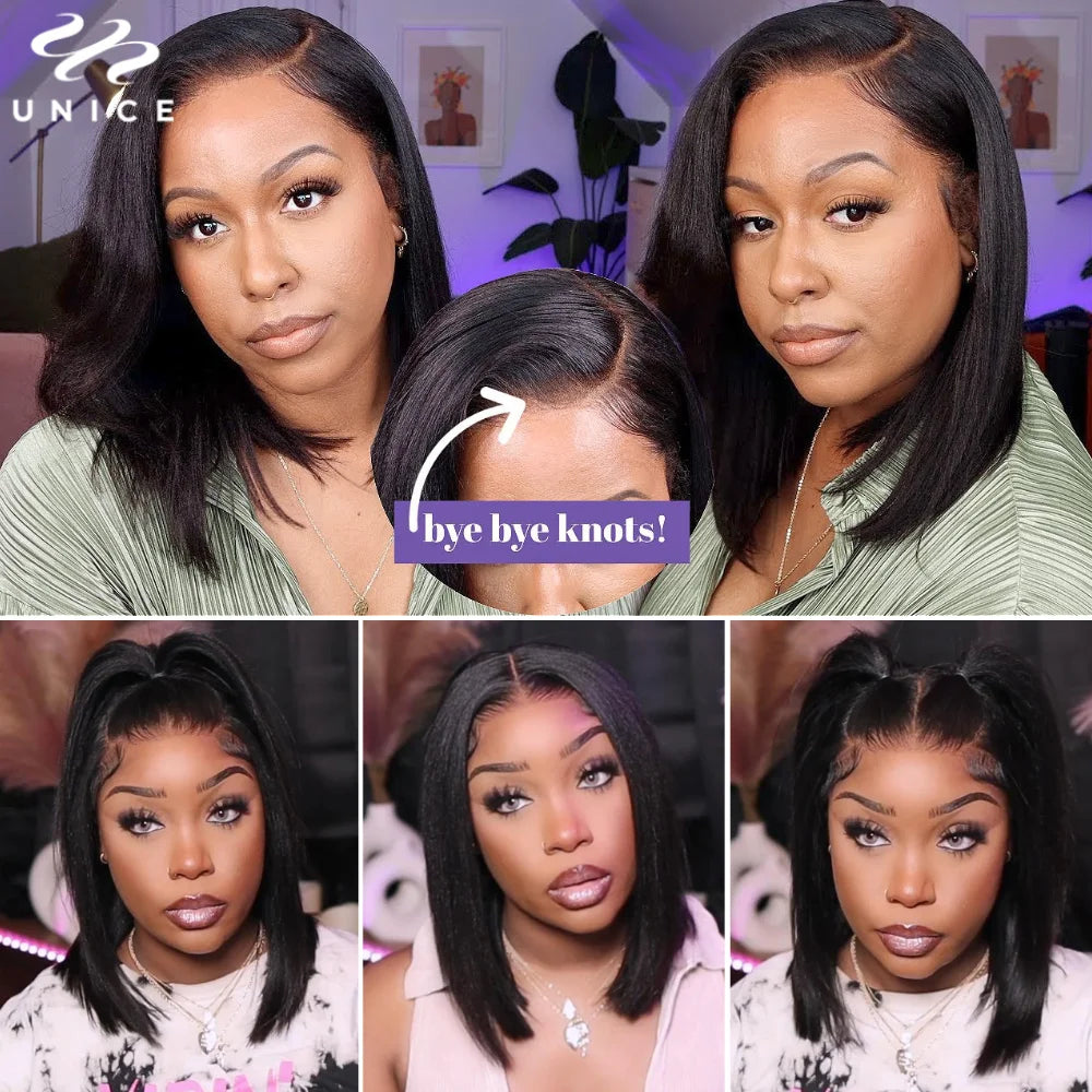 Unice Yaki Straight Bob Wig – 7x5 Drawstring Cap, Pre-Cut, Pre-Bleached, Glueless Human Hair