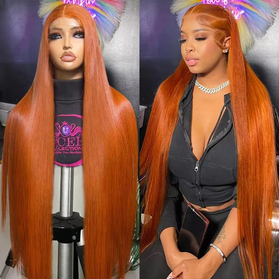 30–40" Ginger Straight Lace Front Wig – 13x5/13x6 HD, 350 Orange Human Hair, 200% Density