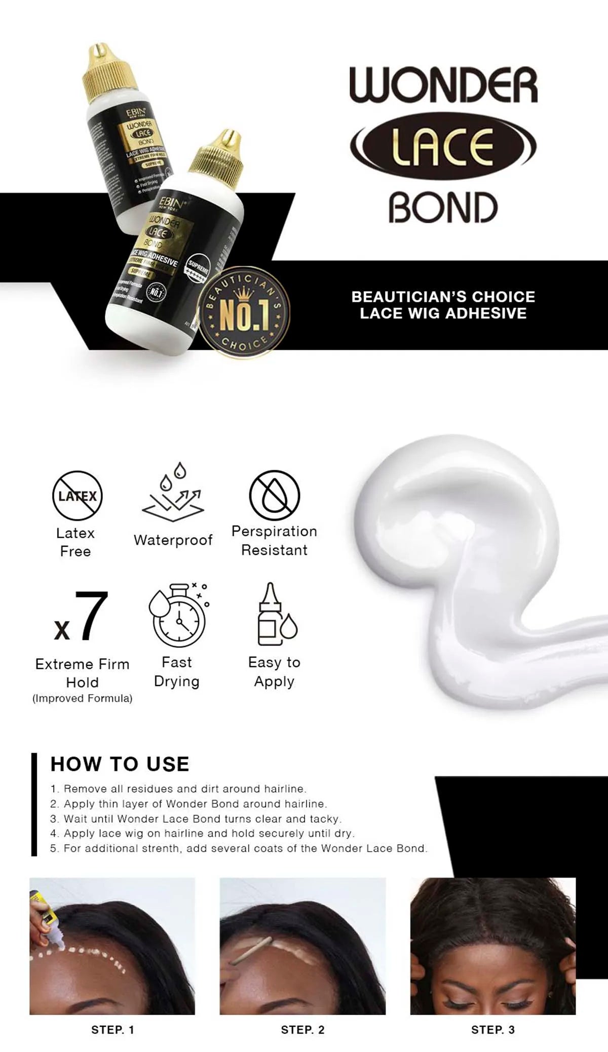 Ebin New York Wonder Lace Bond – Ultra Strong 1.15oz Wig Adhesive for Extreme Hold, All-Day Wear