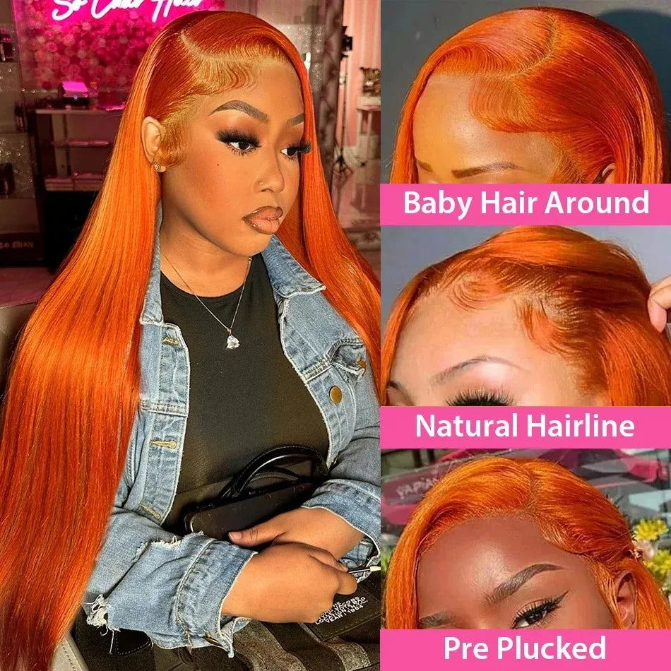 30–40" Ginger Straight Lace Front Wig – 13x5/13x6 HD, 350 Orange Human Hair, 200% Density