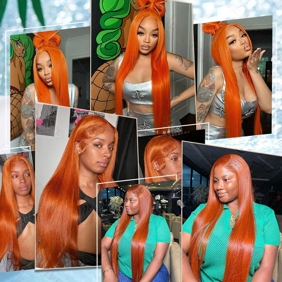 30–40" Ginger Straight Lace Front Wig – 13x5/13x6 HD, 350 Orange Human Hair, 200% Density