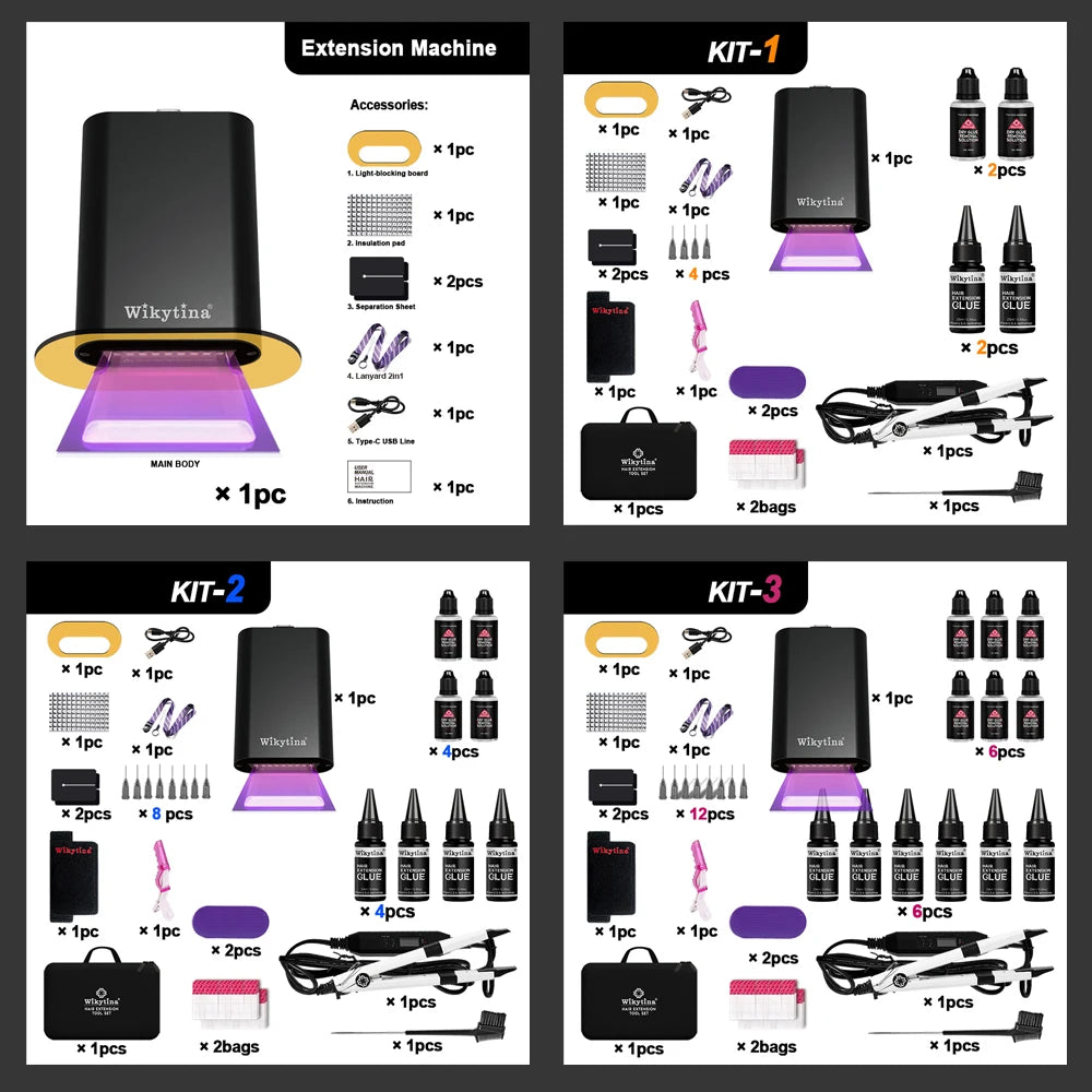 Wikytina 2025 UV V-Light Hair Extension Set – Tools Kit with UV Glue, Remover & Machine for Long-Lasting Salon Styling
