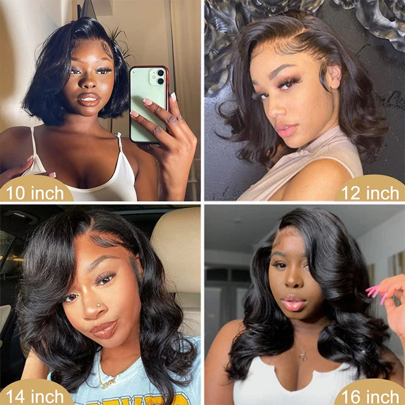16" Body Wave Short Bob Wig – 200% Density, 13x4 Lace Front, Pre-Plucked Brazilian Remy Hair