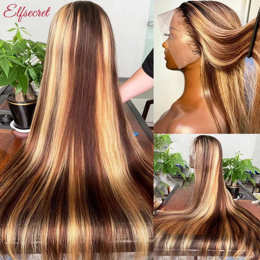 34" Bone Straight Highlight Wig – 13x4/13x6 Lace Front, Ombre Honey Blonde Human Hair