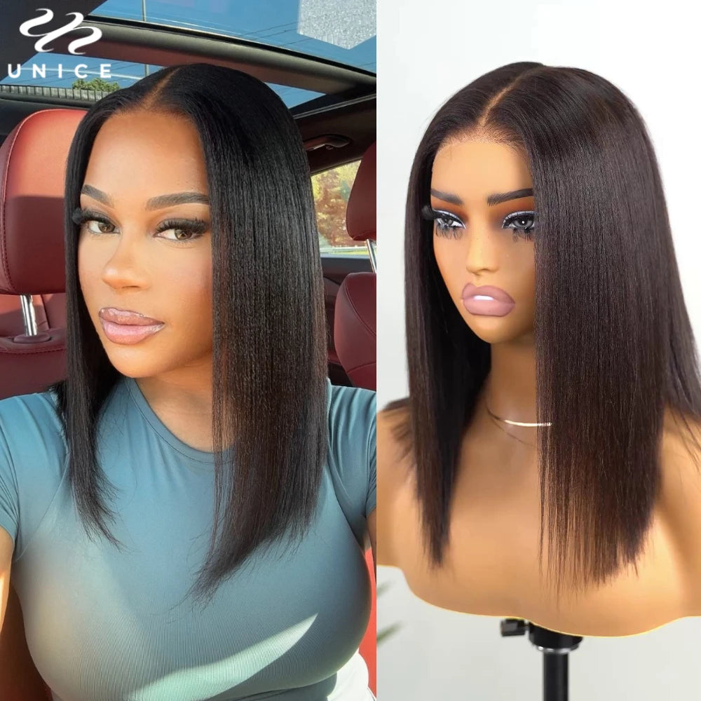 Unice Yaki Straight Bob Wig – 7x5 Drawstring Cap, Pre-Cut, Pre-Bleached, Glueless Human Hair