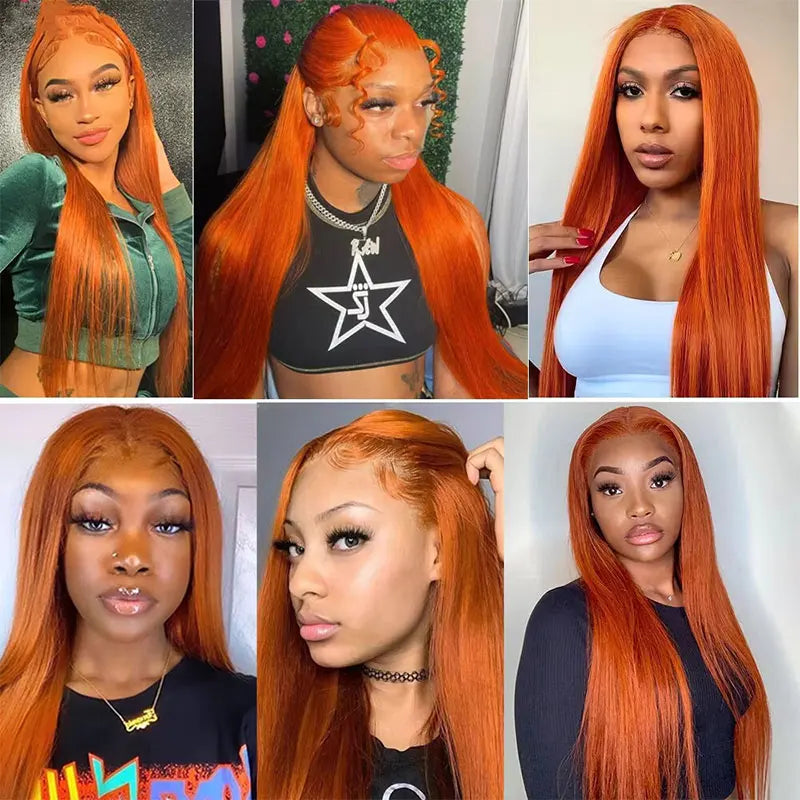 34" Orange Ginger Lace Front Wig – Straight Human Hair, Pre-Plucked, 13x4/13x6