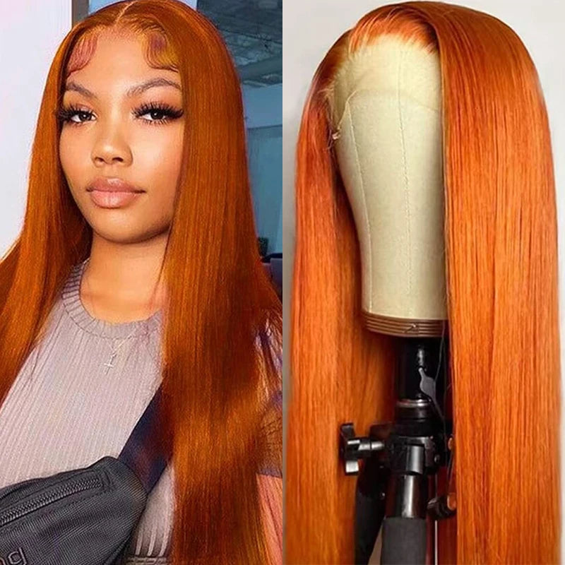 34" Orange Ginger Lace Front Wig – Straight Human Hair, Pre-Plucked, 13x4/13x6